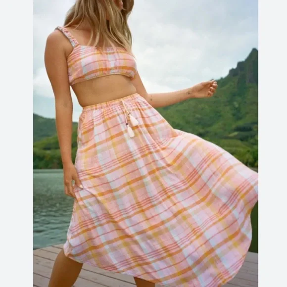 American Eagle Plaid Midi Skirt in Pink and Orange Size M Elastic Waist Boho - Picture 1 of 12